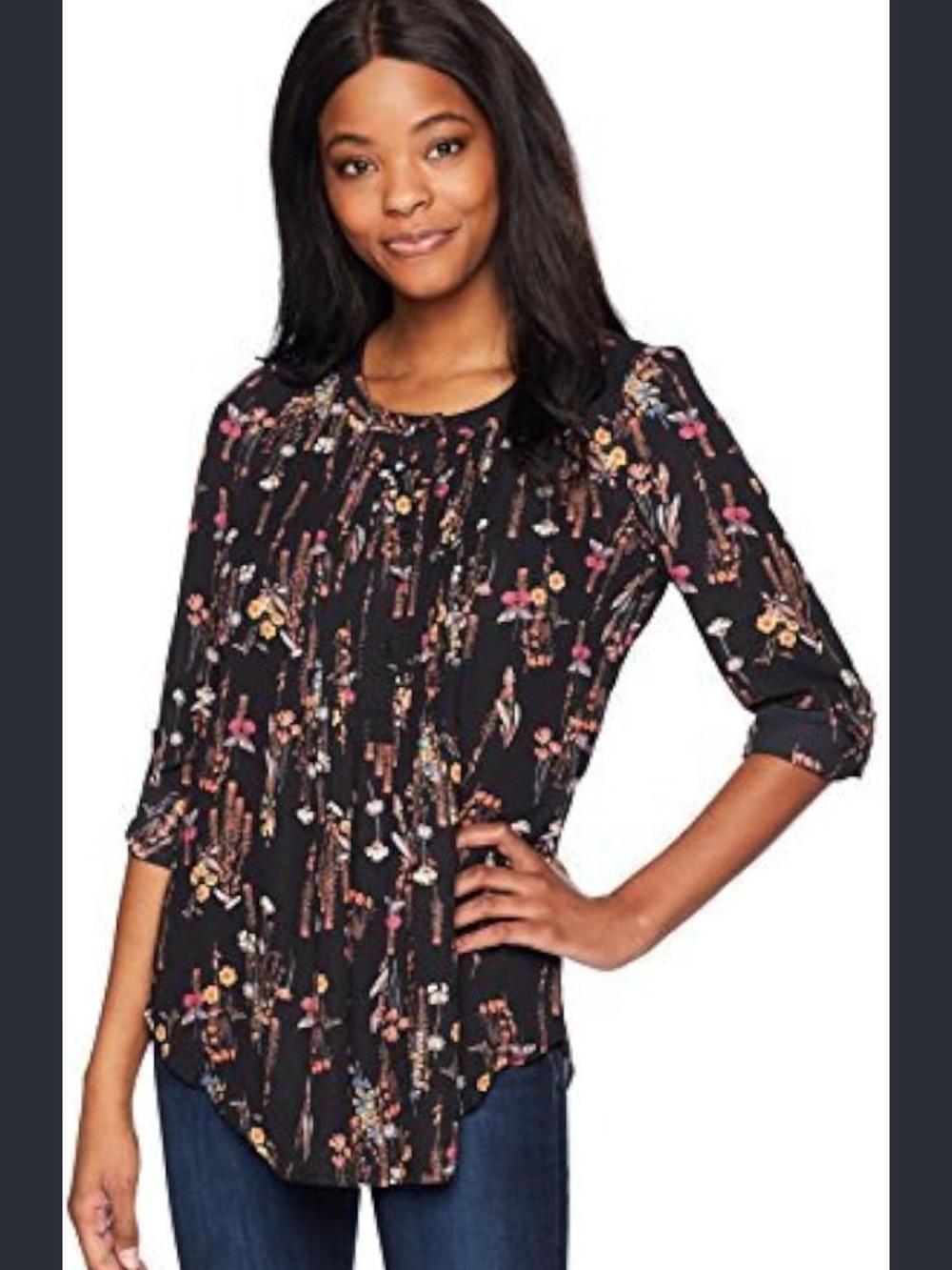 Daniel Rainn Black Floral Pleated-Front Blouse